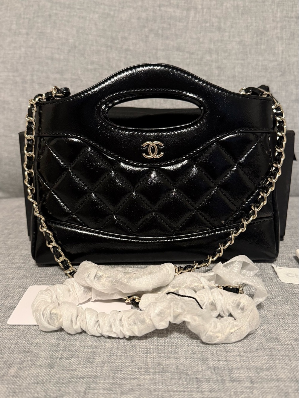 Black Quilted Patent Leather Chain Handle Shoulder Bag